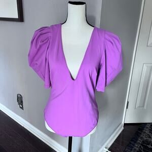 Intimately Free People Bodysuit Womens L Va Va Voop V Neck Short Puff Sleeve Top